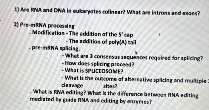 Solved 1) Are RNA and DNA in eukaryotes colinear? What are | Chegg.com