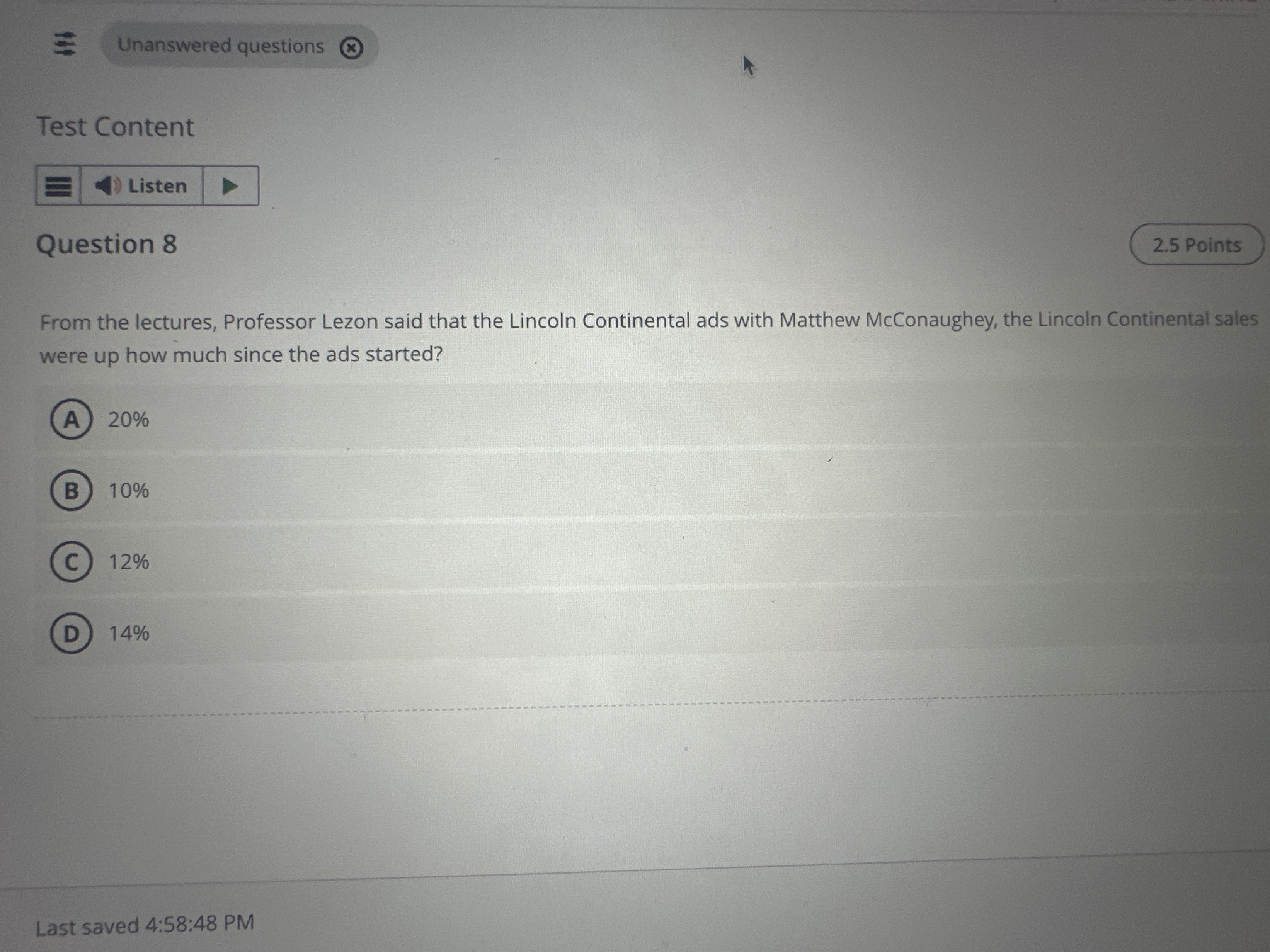 Solved Test ContentQuestion 8From the lectures, Professor | Chegg.com