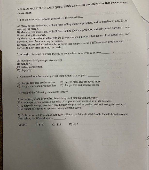 Solved Section A: MULTIPLE CHOICE QUESTIONS: Choose the one | Chegg.com
