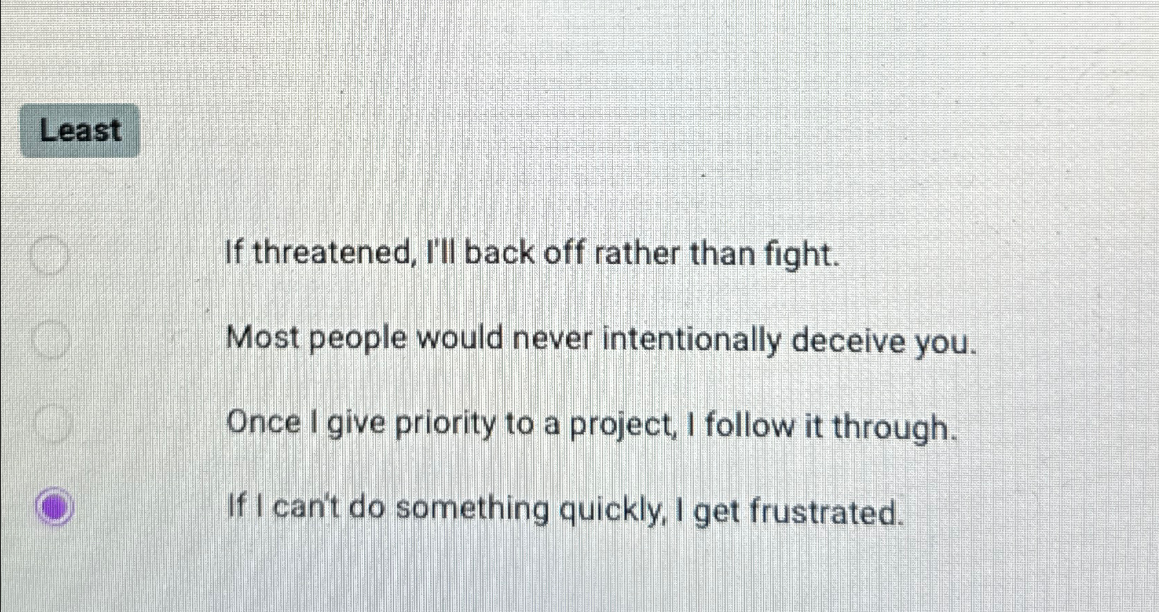 Solved If threatened, I'll back off rather than fight.Most | Chegg.com