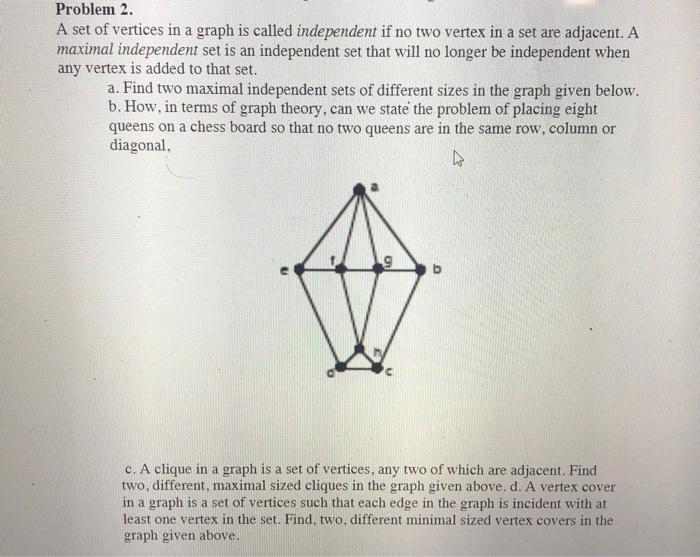 Solved Problem 2. A set of vertices in a graph is called | Chegg.com