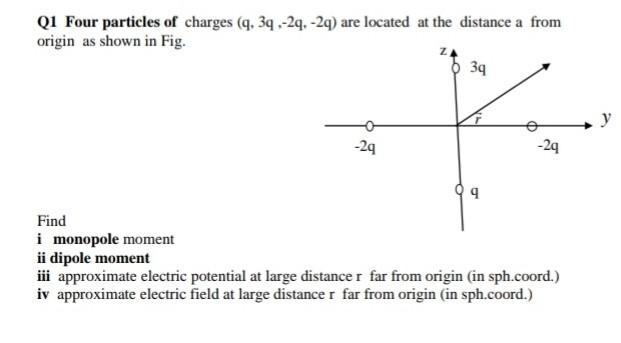 Solved Q1 Four particles of charges ( q,3q,−2q,−2q) are | Chegg.com