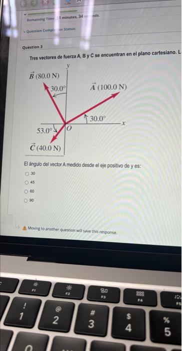 Tres vectores de fuerza A, B y C se encuentran en el plano cartesiano. El ángulo del vector A medido desde el eje positivo d