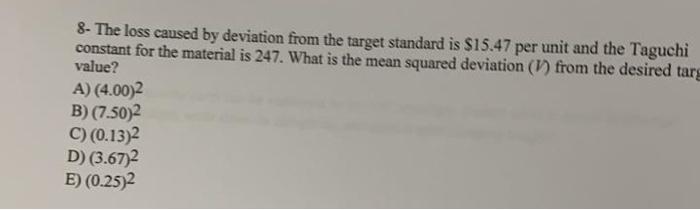 Solved 8- The loss caused by deviation from the target | Chegg.com
