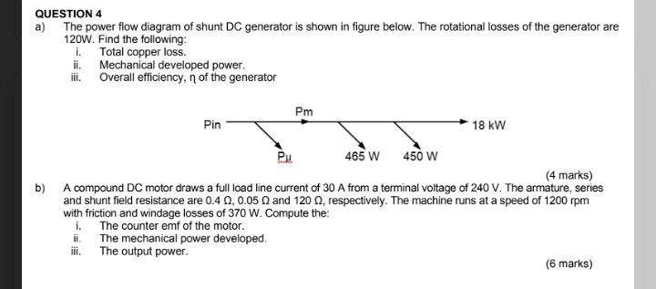 QUESTION 4
a) The power flow diagram of shunt DC generator is shown in figure below. The rotational losses of the generator a