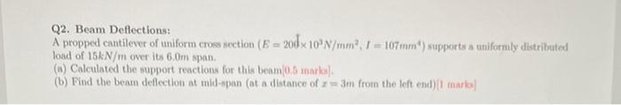 Solved Q2 Beam Deflections A Propped Cantilever Of Uniform