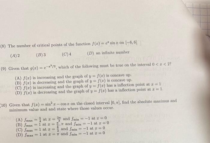 Solved (8) The number of critical points of the function | Chegg.com