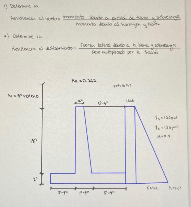 1) Determine la Resistencia al vuelo \( = \) momento detado a presión de tiema y sobrecarga momento debido al hormigan y tiem