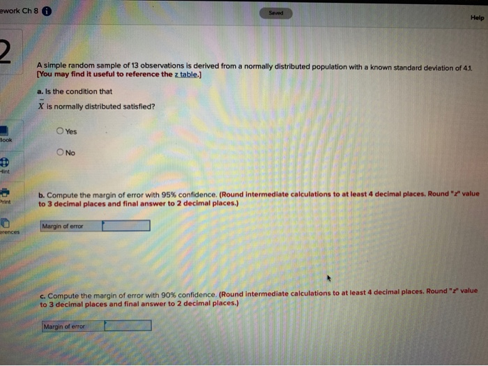 Solved ework Ch 8 Help A simple random sample of 13 | Chegg.com