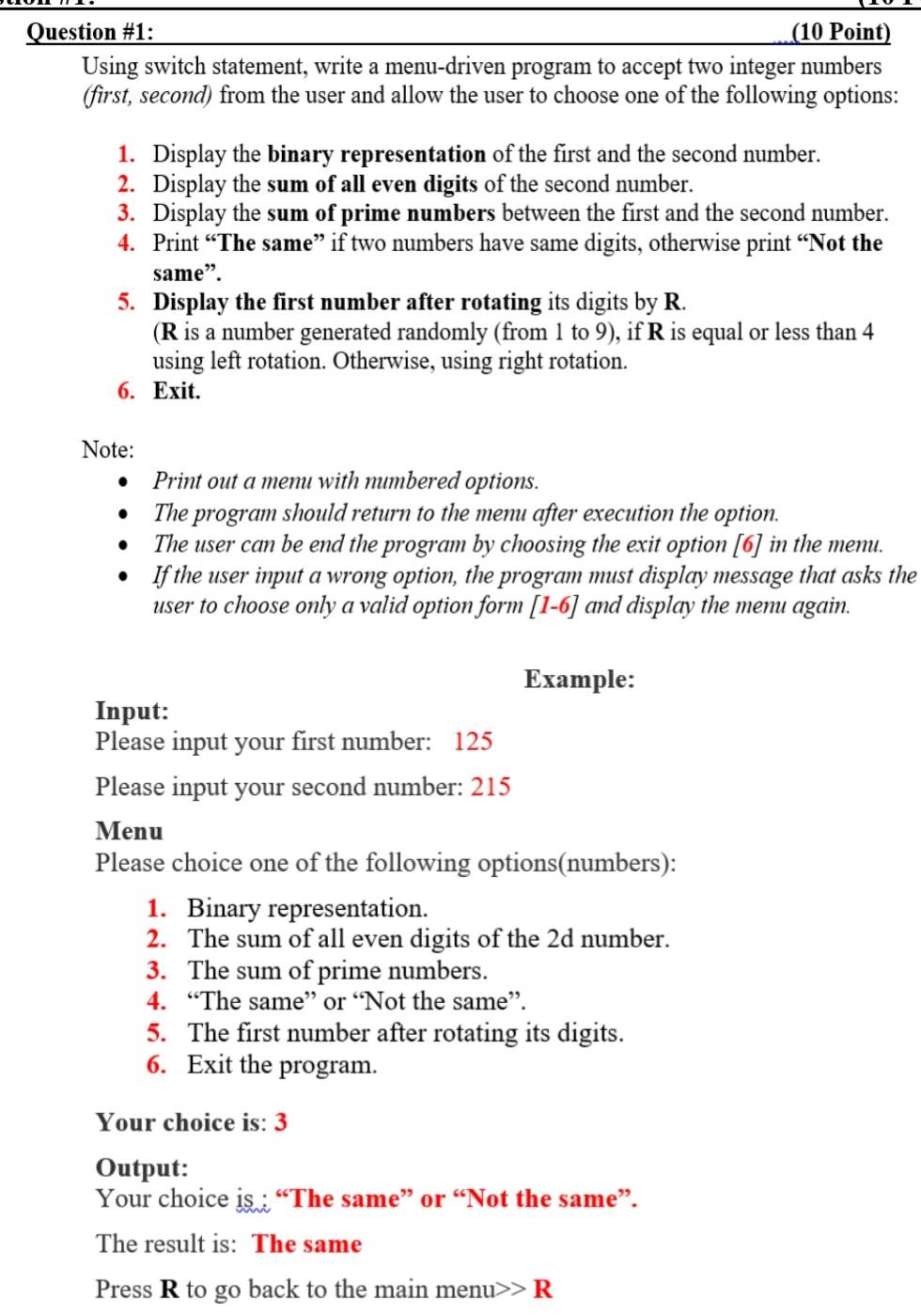 Solved Question #1: (10 Point) Using switch statement, write | Chegg.com