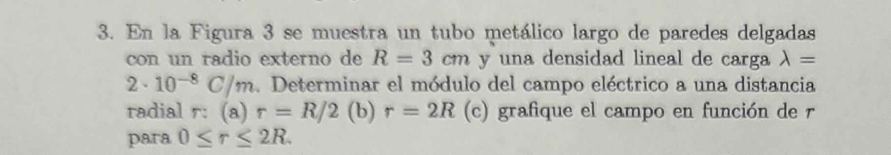 3. En la Figura 3 se muestra un tubo metálico largo de paredes delgadas con un radio externo de \( R=3 \mathrm{~cm} \) y una