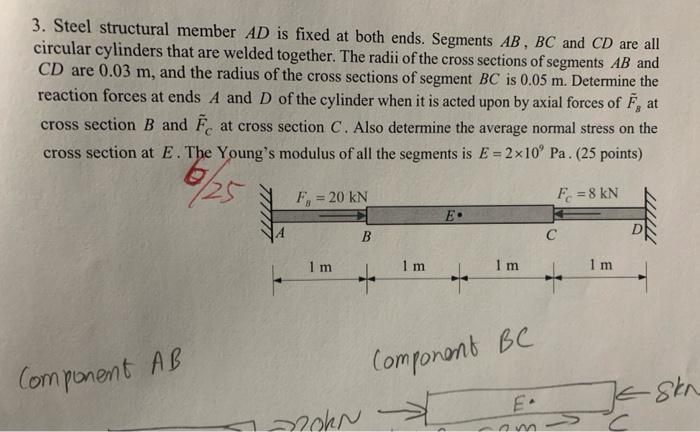 Solved 9 at 3. Steel structural member AD is fixed at both | Chegg.com