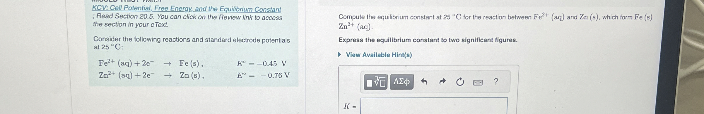 Solved KCV: Cell Potential, Free Energy, and the Equilibrium | Chegg.com