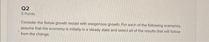Solved Q2 5 Points Consider the Solow growth model with | Chegg.com