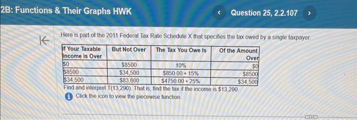 Here is part of the 2011 Federal Tax Rate Schedule X that specifies the tax owed by a single taxpayer
Fhu and imerpret I(13,2