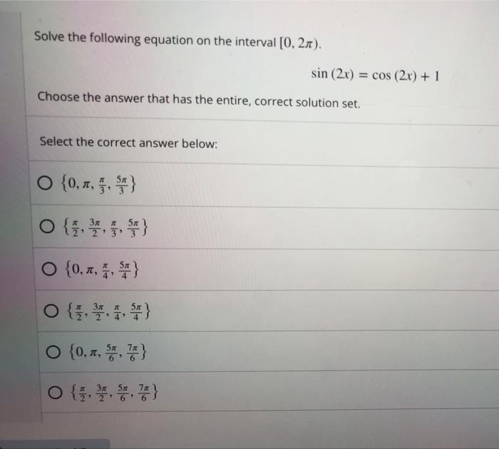 Solved Solve the following equation for on the interval [0, | Chegg.com