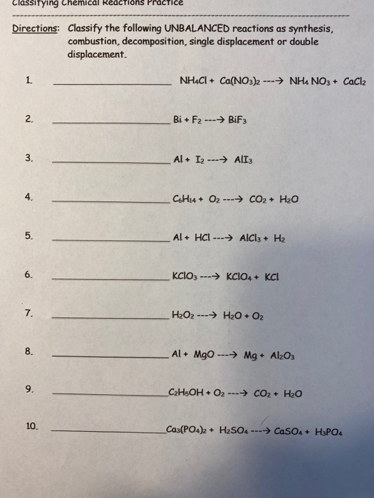 Solved Classifying Chemical Reactions Practice Directions: | Chegg.com