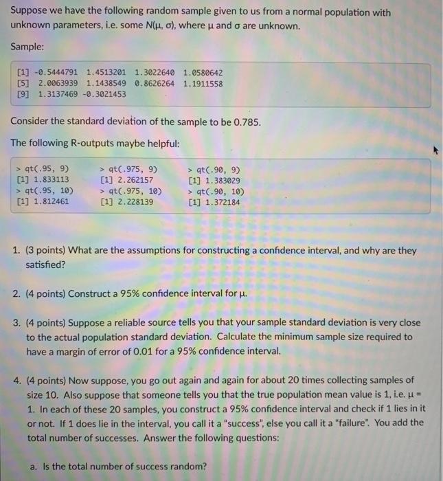 Solved Suppose we have the following random sample given to | Chegg.com