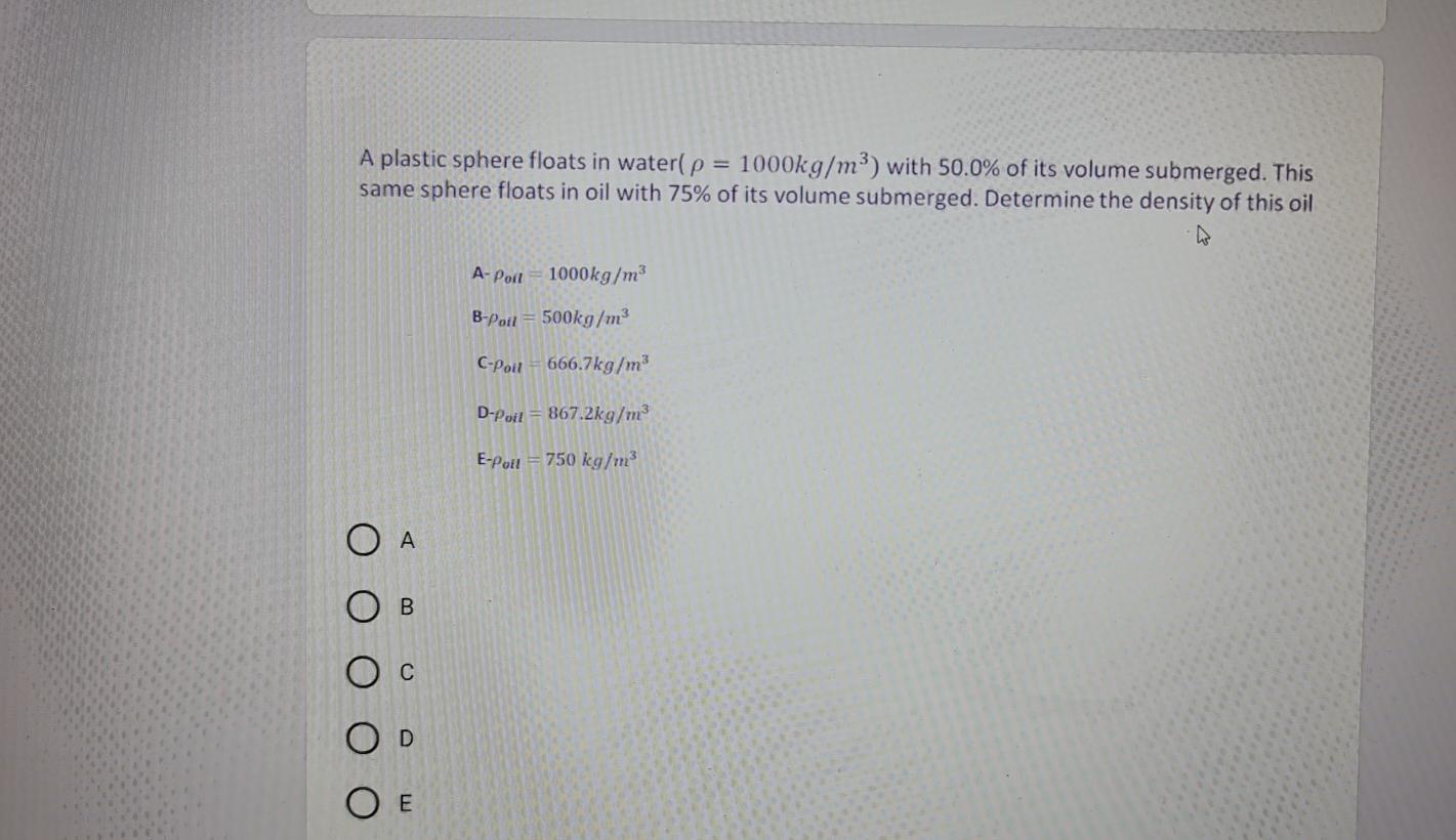 Solved A plastic sphere floats in water( p = 1000kg/m3) with