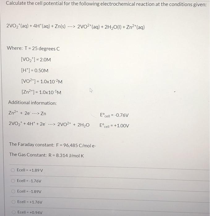 Solved Calculate The Cell Potential For The Following | Chegg.com