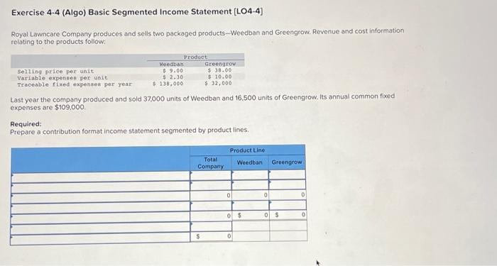 Solved Exercise 4.4 (Algo) Basic Segmented Income Statement | Chegg.com