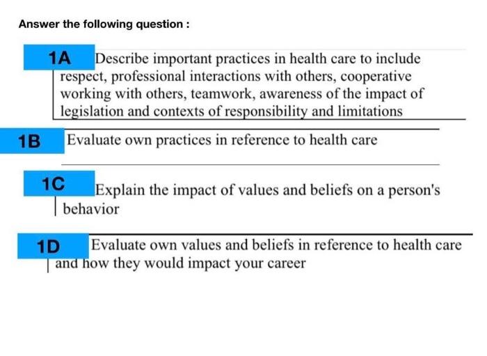 Answer the following question : 1A Describe important practices in health care to include respect, professional interactions