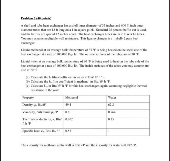 Solved Problem 3 (40 points) A shell and tube heat exchanger | Chegg.com