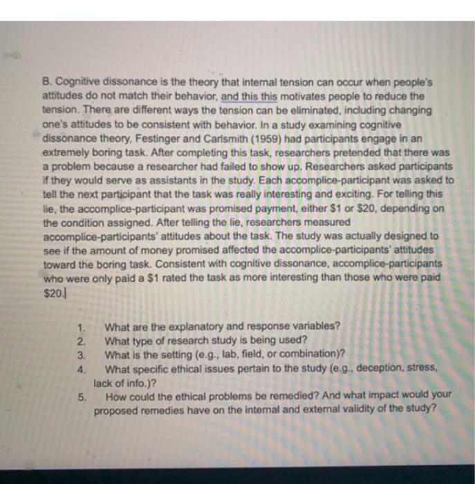 Solved B. Cognitive Dissonance Is The Theory That Internal | Chegg.com