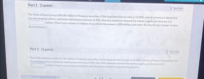 Solved Part 1 (1 point) See Hint The Federal Reserve buys | Chegg.com