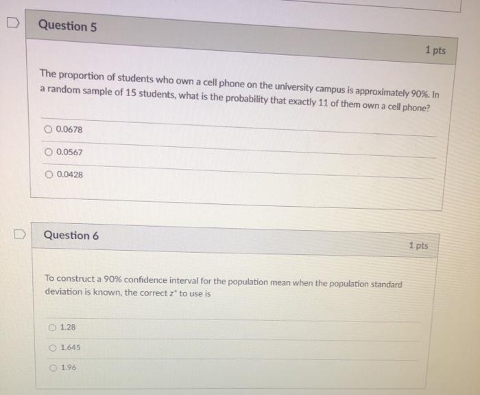 Solved Question 5 1 pts The proportion of students who own a | Chegg.com