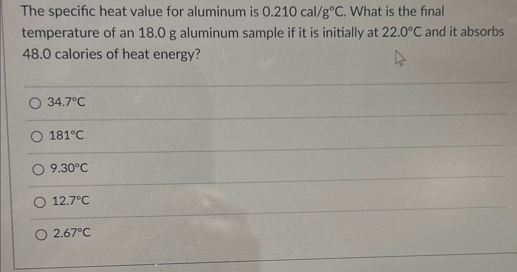 Solved The specific heat value for aluminum is