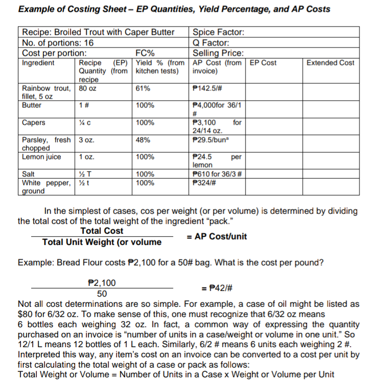 Example of Costing Sheet - EP Quantities, Yield | Chegg.com