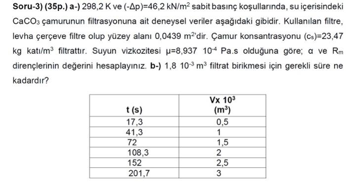 Solved A-) Experimental Data Of Filtration Of CaCO3 Sludge | Chegg.com