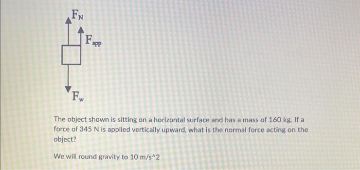 The object shown is sitting on a horizontal surface and has a mass of \( 160 \mathrm{~kg} \). If a force of \( 345 \mathrm{~N