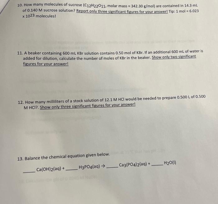 Solved 10. How many molecules of sucrose (C12H22O11, molar | Chegg.com