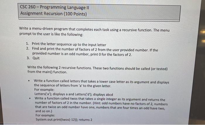 Solved CSC 260 - Programming Language II Assignment | Chegg.com