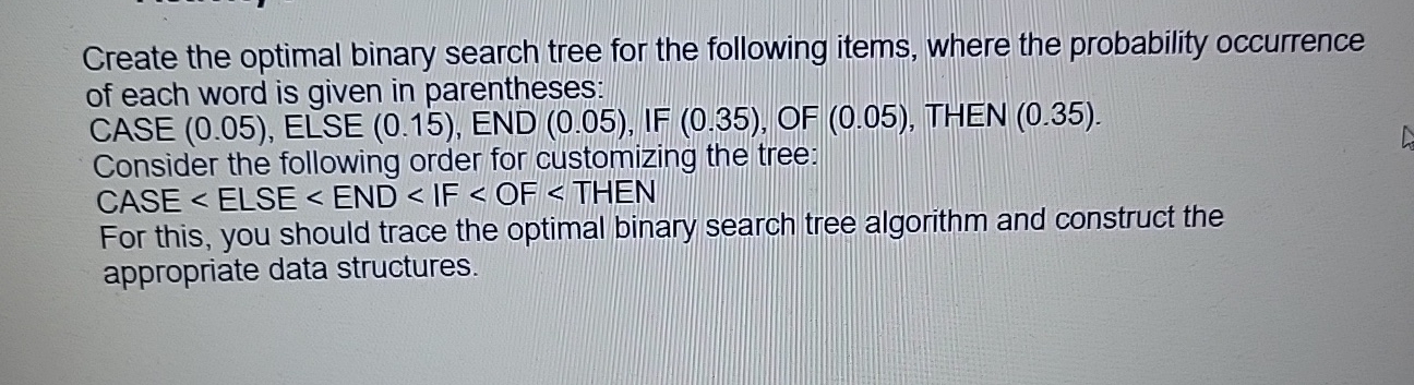 Solved Create the optimal binary search tree for the | Chegg.com