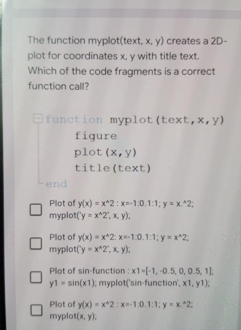 Solved The function myplot(text, x, y) creates a 2D- plot | Chegg.com