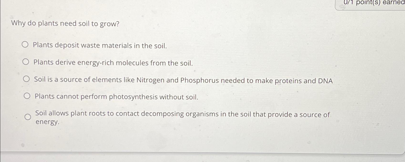 Solved Why do plants need soil to grow?Plants deposit waste
