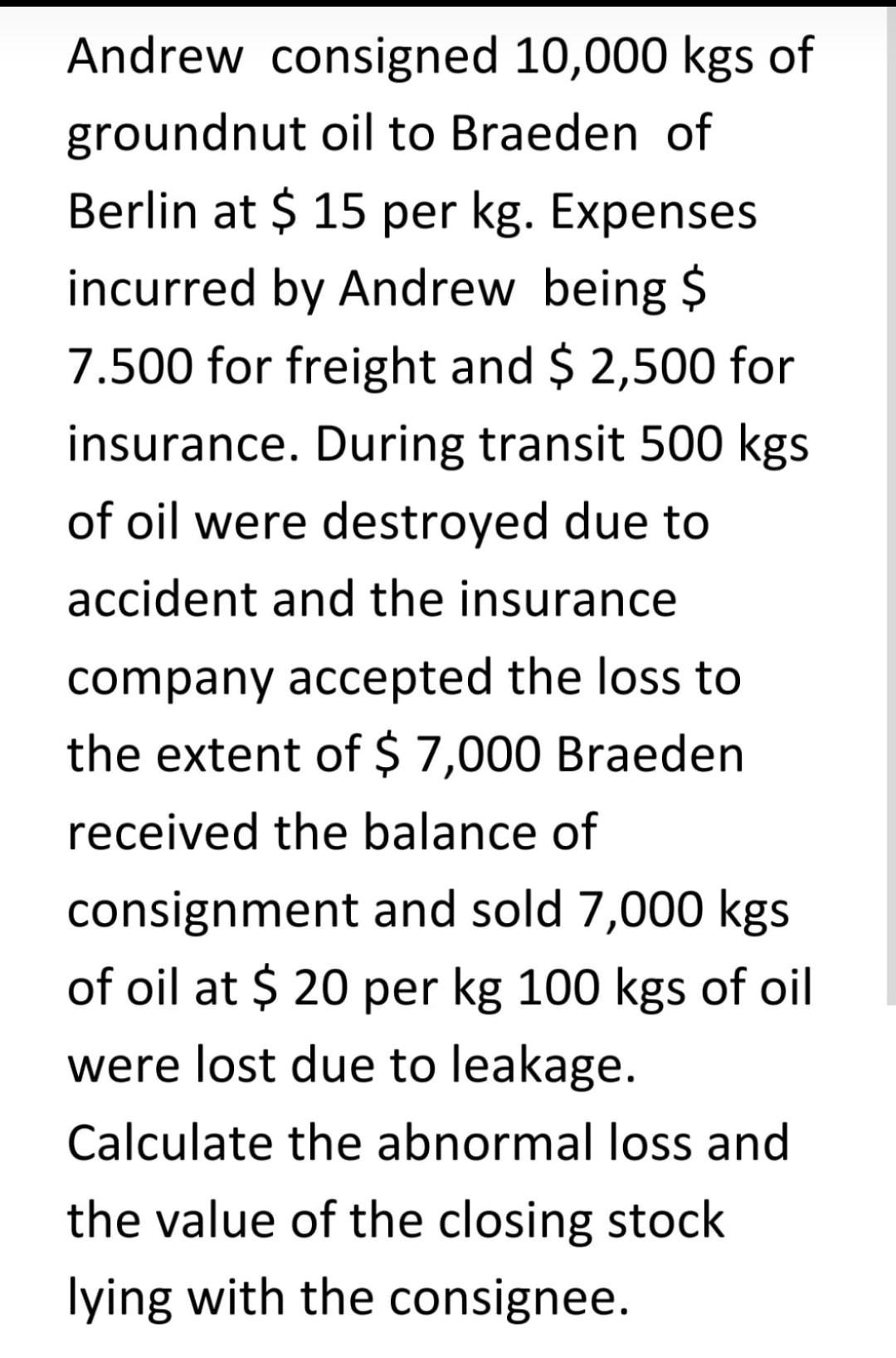 Solved Andrew consigned 10,000 kgs of groundnut oil to