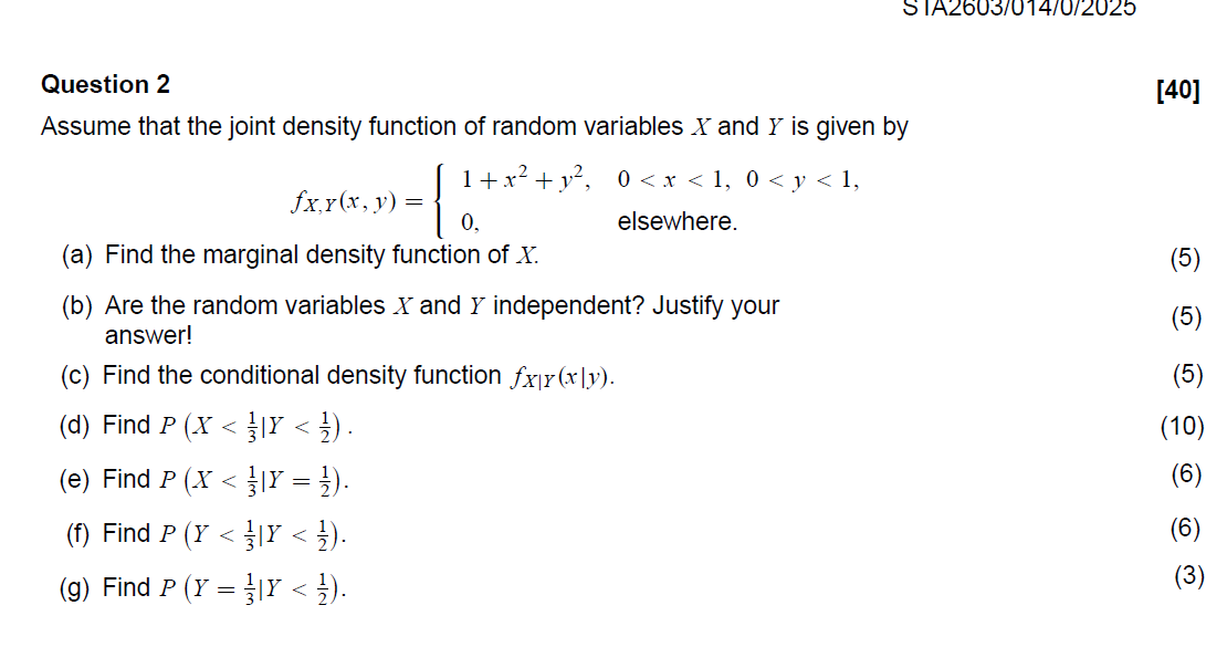 Solved Question 2 ﻿Assume that the joint density function of | Chegg.com