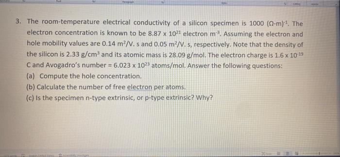 Solved 3. The room temperature electrical conductivity of a | Chegg.com