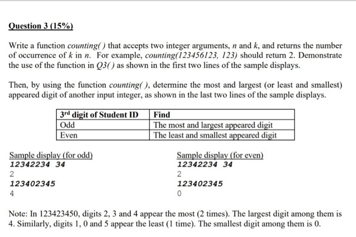 Solved Question 3 (15%) Write a function counting() that | Chegg.com