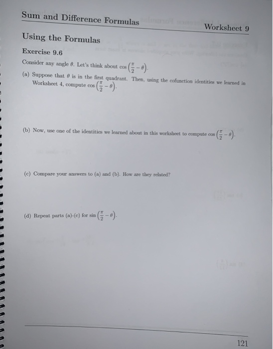 Solved Sum and Difference Formulas Worksheet 9 Using the | Chegg.com