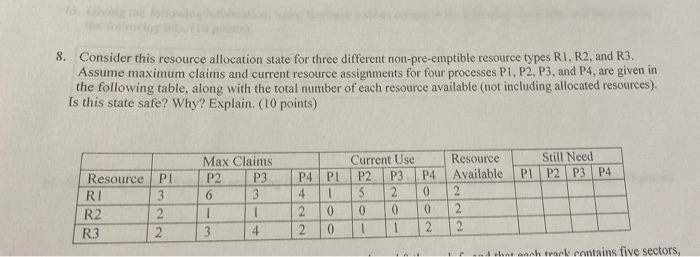 8. Consider this resource allocation state for three different non-pre-emptible resource types RI, R2, and R3. Assume maximum