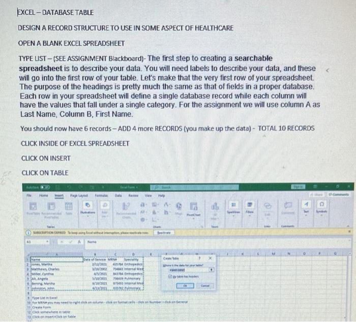 Solved - EXCEL - DATABASE TABLE DESIGN A RECORD STRUCTURE TO | Chegg.com