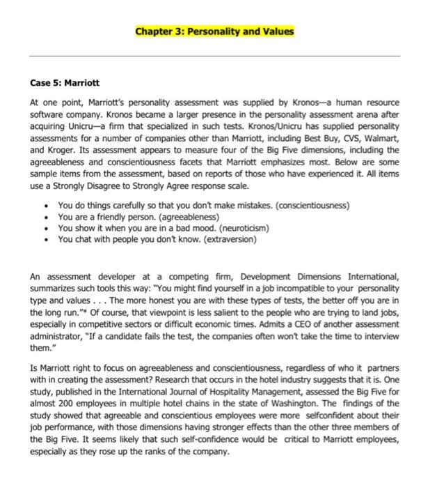 Solved Chapter 3: Personality and Values Case 5: Marriott At | Chegg.com