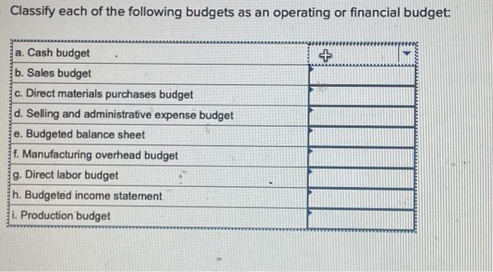 Solved Classify Each Of The Following Budgets As An | Chegg.com