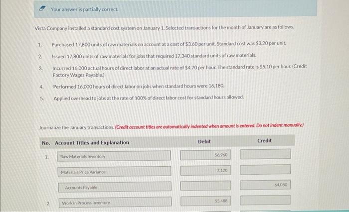 Vista Company installed a standard cost system on January 1 . Selected transactions for the month of January are as follows.
