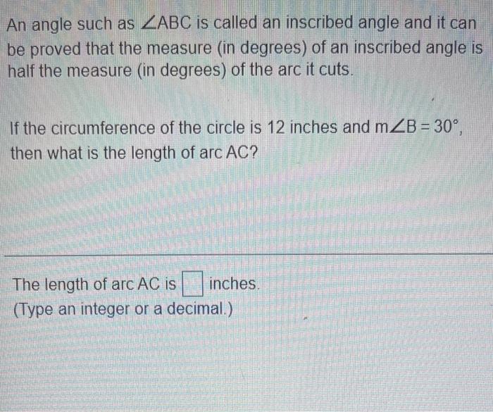 Solved An angle such as ZABC is called an inscribed angle